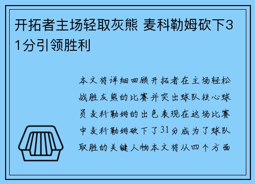 开拓者主场轻取灰熊 麦科勒姆砍下31分引领胜利