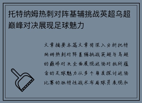 托特纳姆热刺对阵基辅挑战英超乌超巅峰对决展现足球魅力