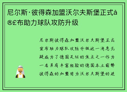 尼尔斯·彼得森加盟沃尔夫斯堡正式宣布助力球队攻防升级