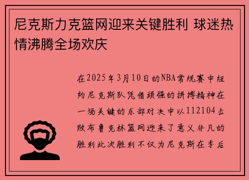 尼克斯力克篮网迎来关键胜利 球迷热情沸腾全场欢庆