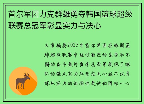 首尔军团力克群雄勇夺韩国篮球超级联赛总冠军彰显实力与决心