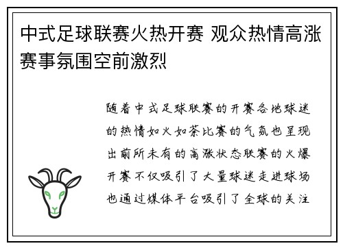中式足球联赛火热开赛 观众热情高涨赛事氛围空前激烈