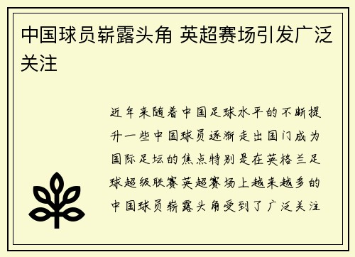 中国球员崭露头角 英超赛场引发广泛关注