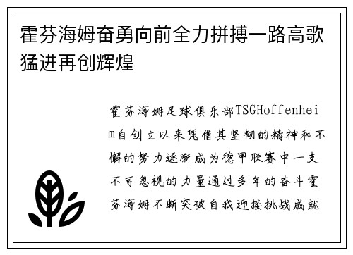 霍芬海姆奋勇向前全力拼搏一路高歌猛进再创辉煌