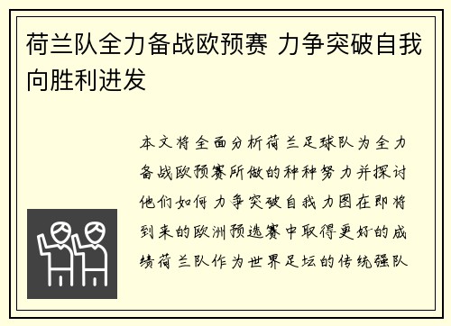 荷兰队全力备战欧预赛 力争突破自我向胜利进发
