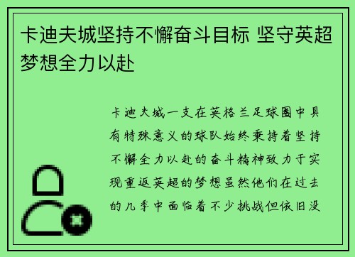 卡迪夫城坚持不懈奋斗目标 坚守英超梦想全力以赴