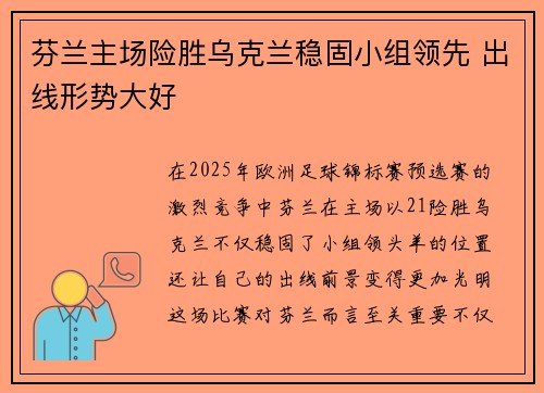 芬兰主场险胜乌克兰稳固小组领先 出线形势大好